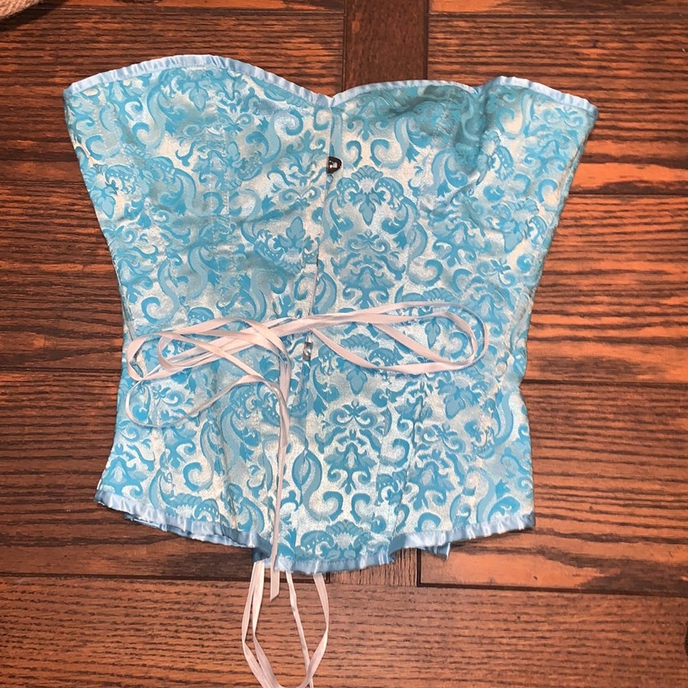 Strapless Brocade Corset Top in Light Blue